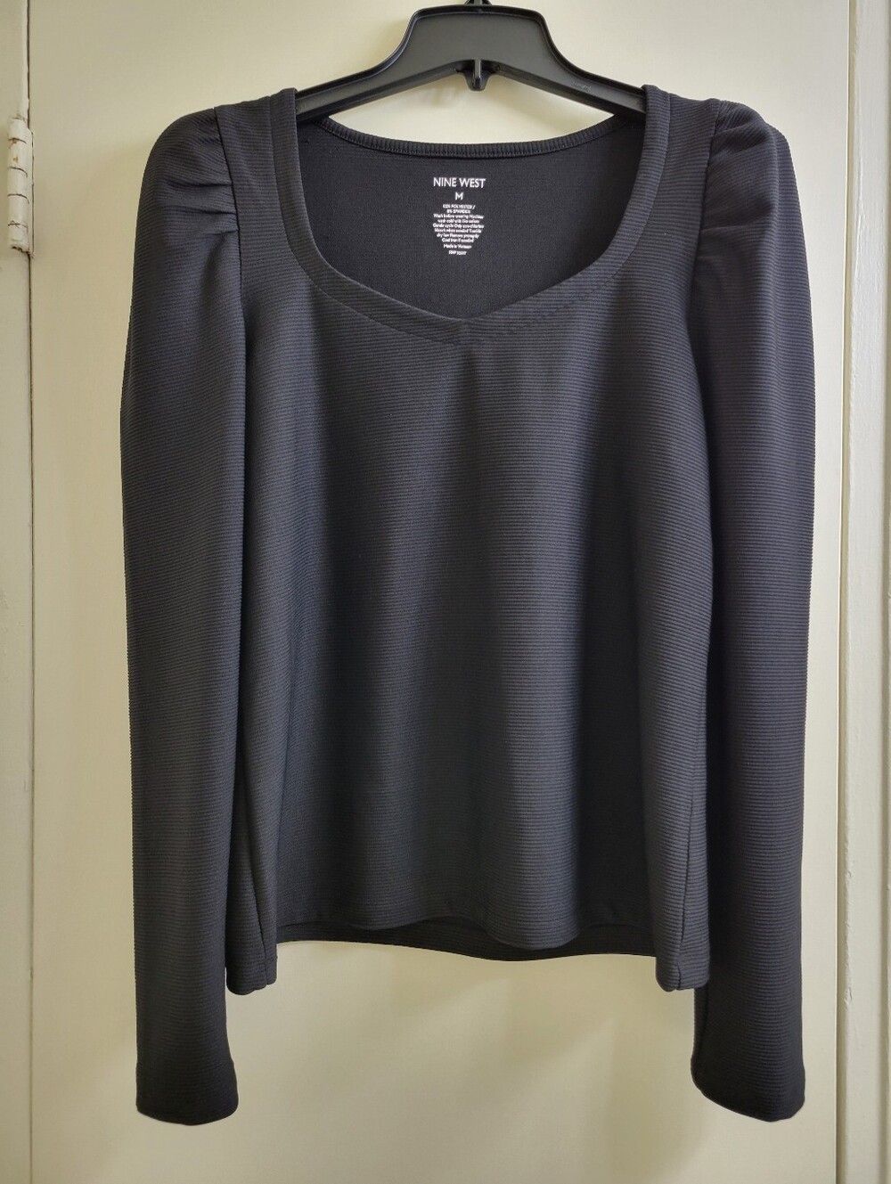 Nine West Black Long Sleeve Scoop Neck Top with Subtle Puff Shoulders